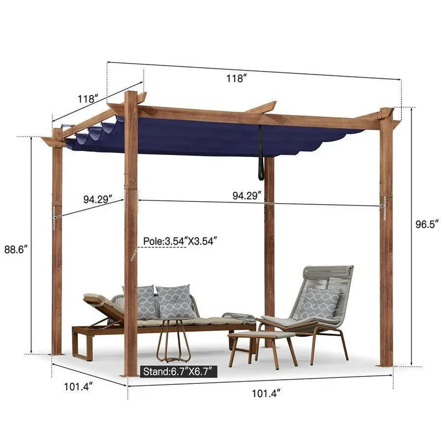 PURPLE LEAF Outdoor Retractable Pergola with Sun Shade Canopy In Natural Wood Grain Frame With Curtains