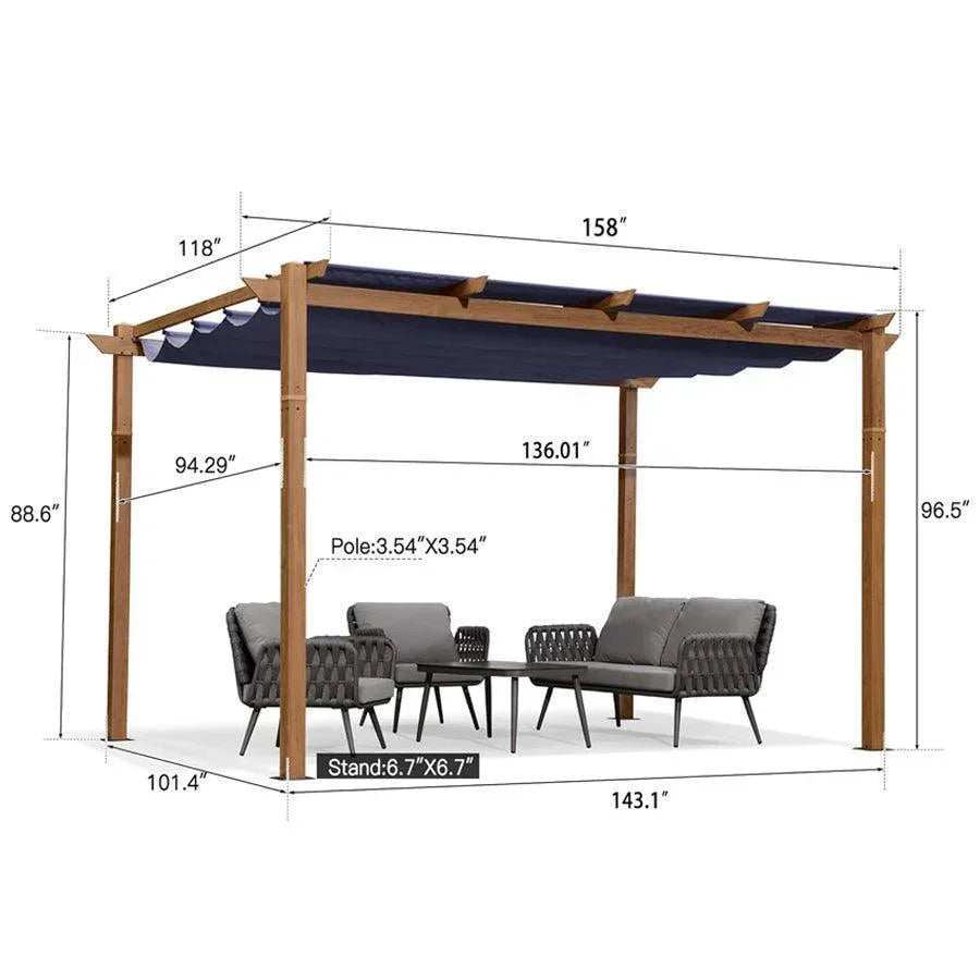 PURPLE LEAF Outdoor Retractable Pergola with Sun Shade Canopy In Natural Wood Grain Frame With Curtains