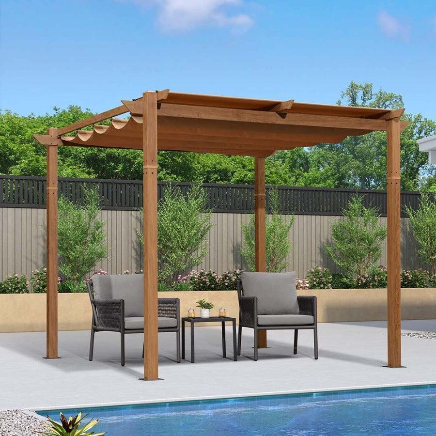 PURPLE LEAF Outdoor Retractable Pergola with Sun Shade Canopy In Natural Wood Grain Frame With Curtains