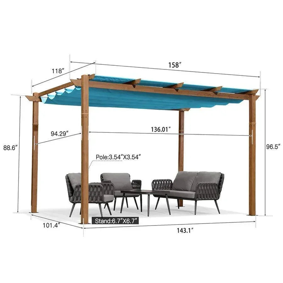 PURPLE LEAF Outdoor Retractable Pergola with Sun Shade Canopy In Natural Wood Grain Frame With Curtains
