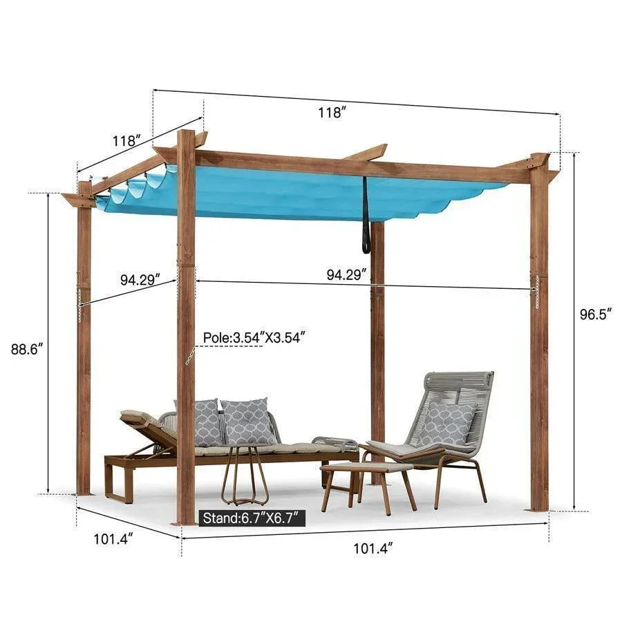 PURPLE LEAF Outdoor Retractable Pergola with Sun Shade Canopy In Natural Wood Grain Frame With Curtains