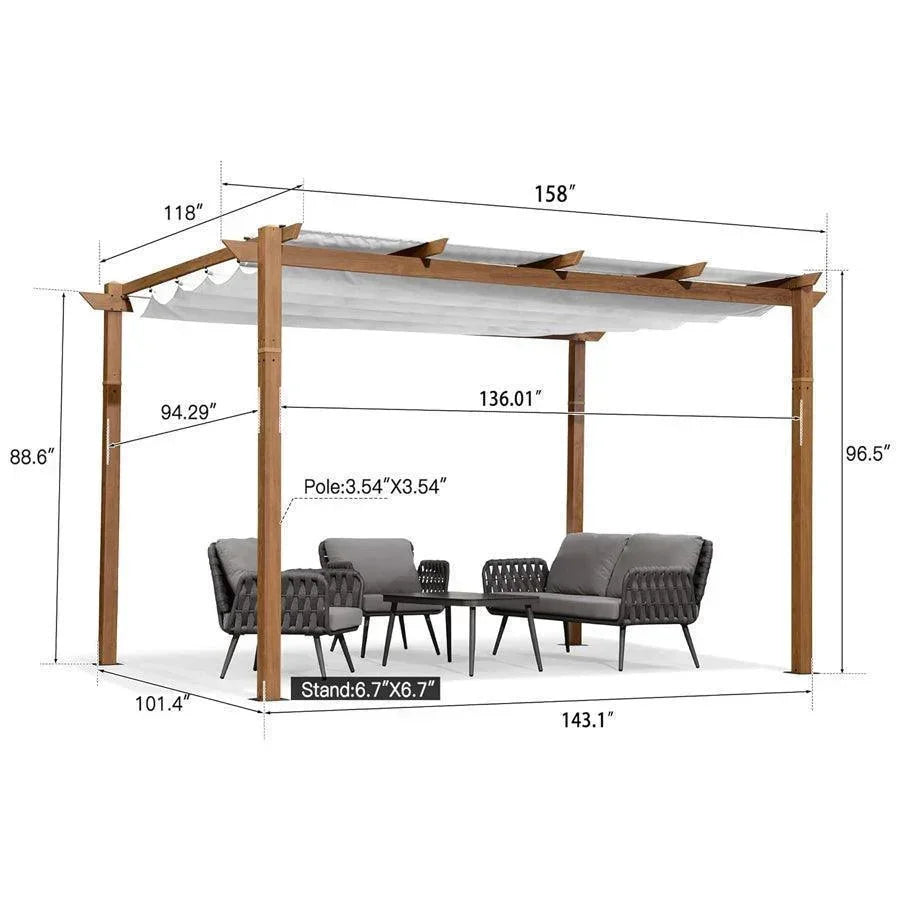 PURPLE LEAF Outdoor Retractable Pergola with Sun Shade Canopy In Natural Wood Grain Frame With Curtains