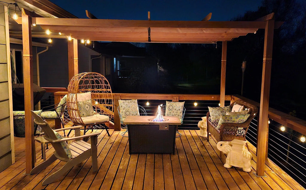 PURPLE LEAF Outdoor Retractable Pergola with Sun Shade Canopy In Natural Wood Grain Frame With Curtains