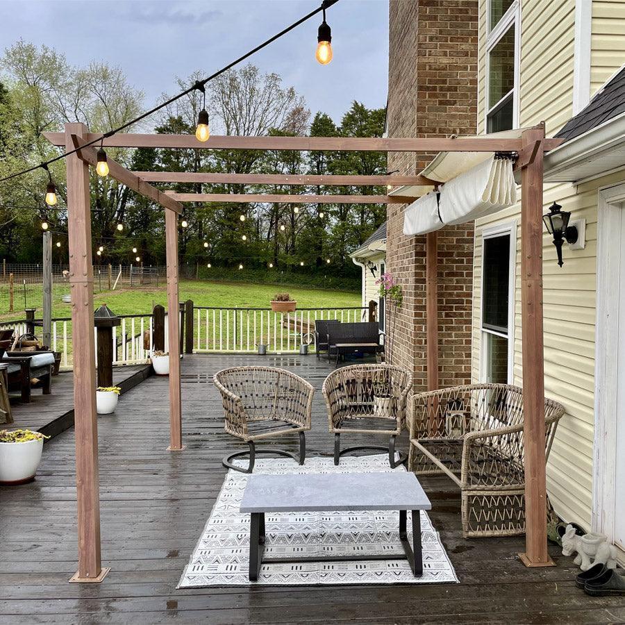 PURPLE LEAF Outdoor Retractable Pergola with Sun Shade Canopy In Natural Wood Grain Frame With Curtains