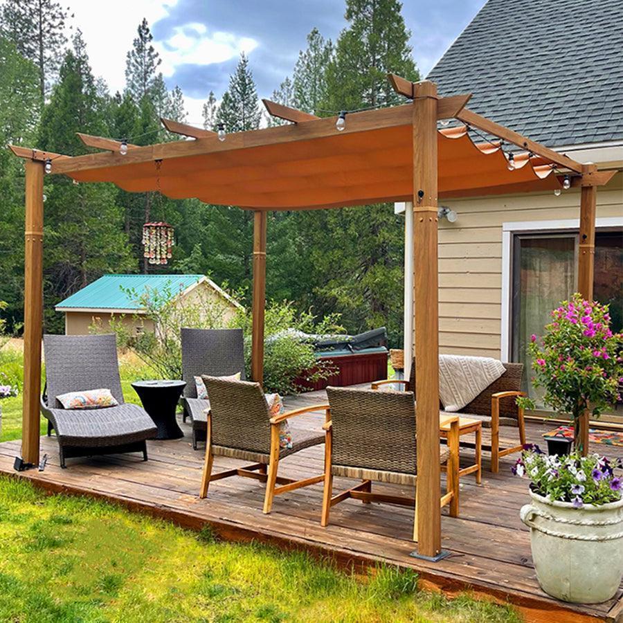 PURPLE LEAF Outdoor Retractable Pergola with Sun Shade Canopy In Natural Wood Grain Frame With Curtains
