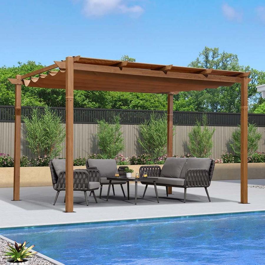 PURPLE LEAF Outdoor Retractable Pergola with Sun Shade Canopy In Natural Wood Grain Frame With Curtains