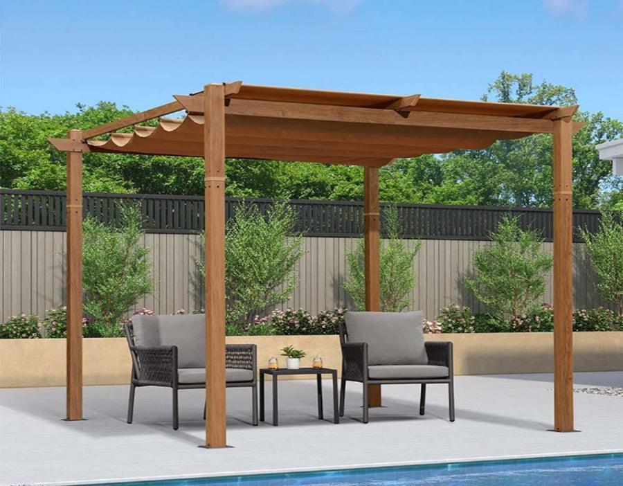 PURPLE LEAF Outdoor Retractable Pergola with Sun Shade Canopy In Natural Wood Grain Frame With Curtains