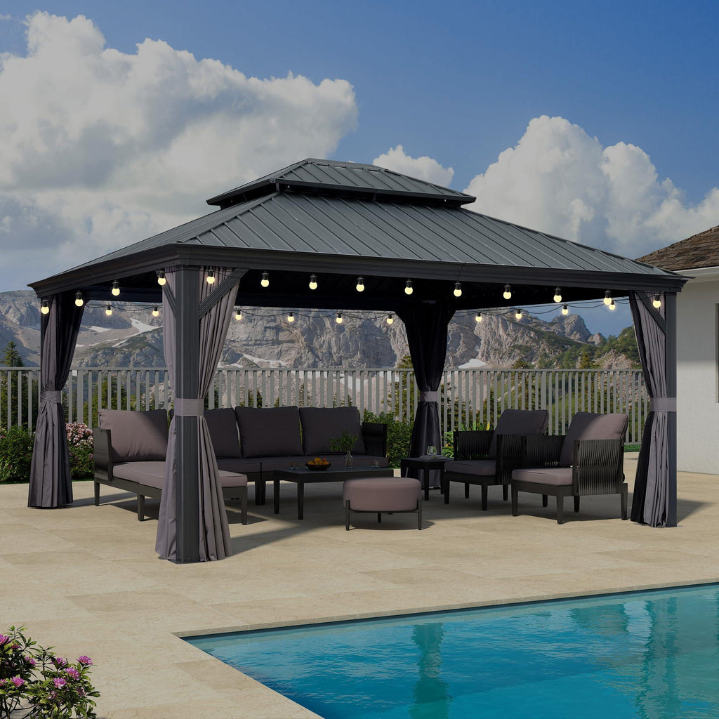 PURPLE LEAF Patio Gazebo for Backyard Grey Hardtop Galvanized Steel Roof Awning with String Lights-clear