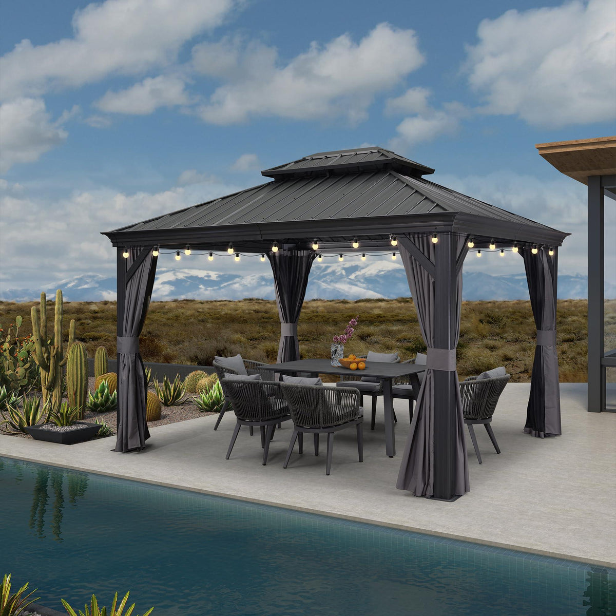 PURPLE LEAF Patio Gazebo for Backyard Grey Hardtop Galvanized Steel Roof Awning with String Lights-clear