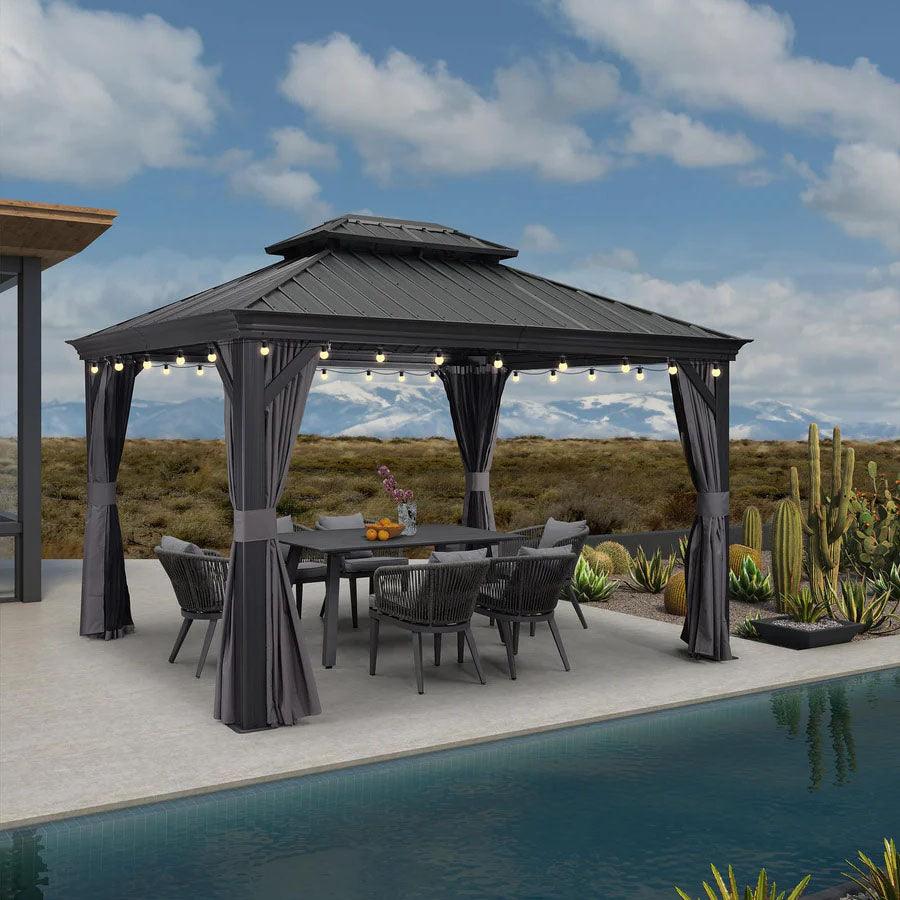 PURPLE LEAF Patio Gazebo for Backyard Grey Hardtop Galvanized Steel Roof Awning with String Lights-clear