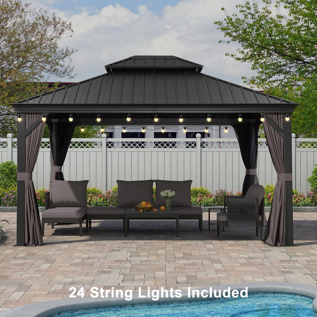 PURPLE LEAF Patio Gazebo for Backyard Grey Hardtop Galvanized Steel Roof Awning with String Lights-clear