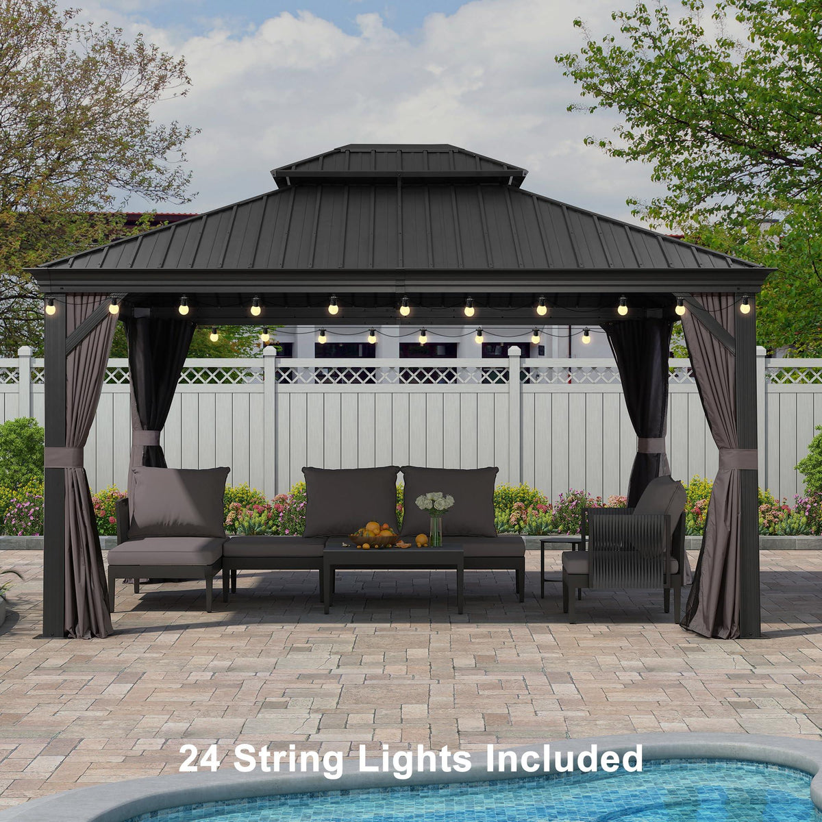 PURPLE LEAF Patio Gazebo for Backyard Grey Hardtop Galvanized Steel Roof Awning with String Lights-clear