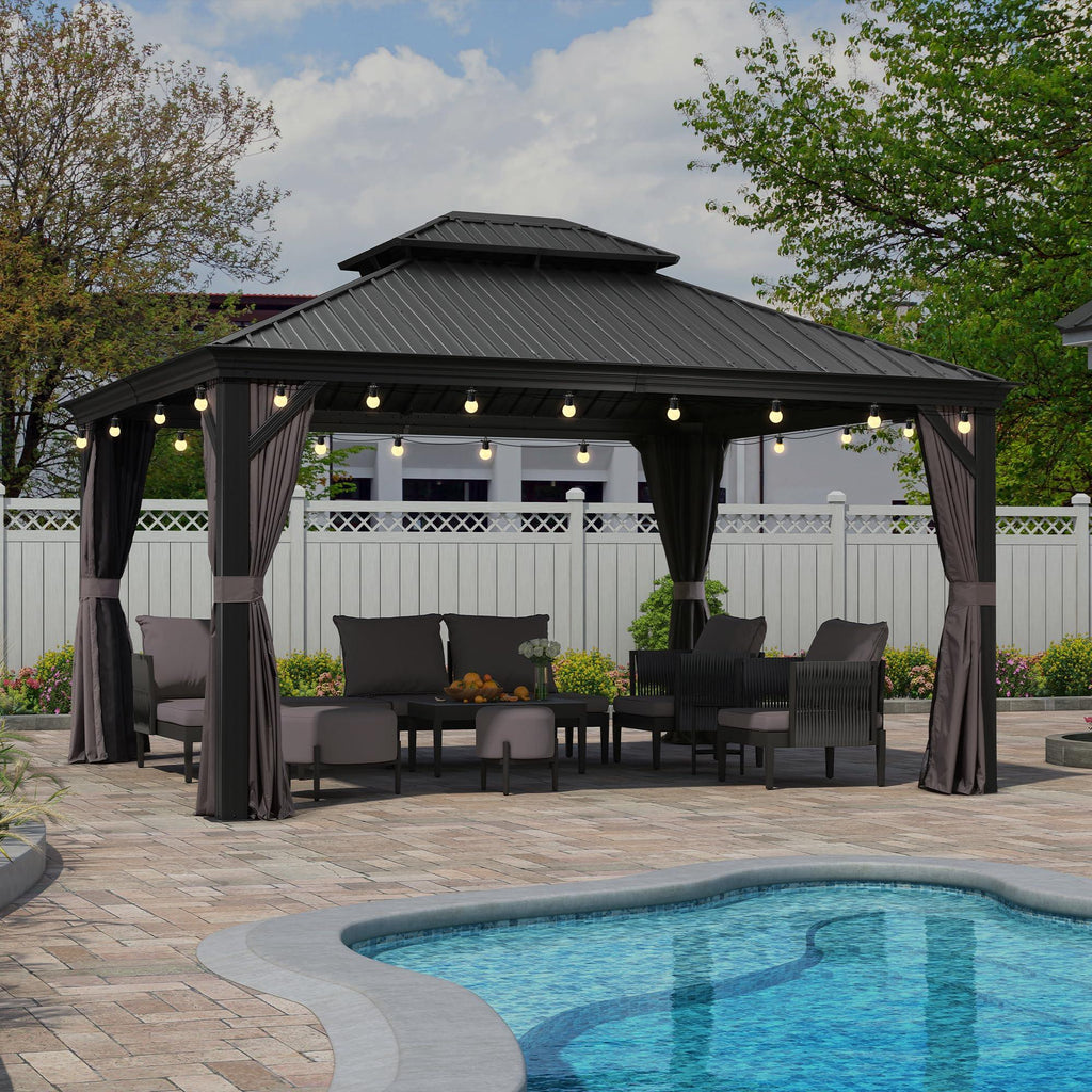 PURPLE LEAF Patio Gazebo for Backyard Grey Hardtop Galvanized Steel Roof Awning with String Lights-clear