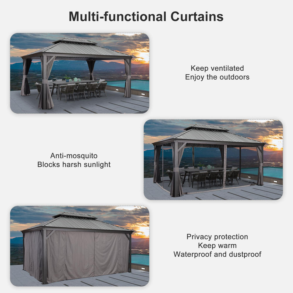 PURPLE LEAF Patio Gazebo for Backyard Grey Hardtop Galvanized Steel Roof Awning with String Lights-clear