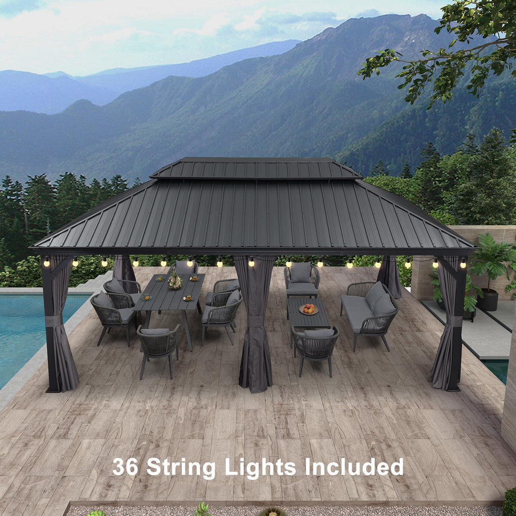 PURPLE LEAF Patio Gazebo for Backyard Grey Hardtop Galvanized Steel Roof Awning with String Lights-clear