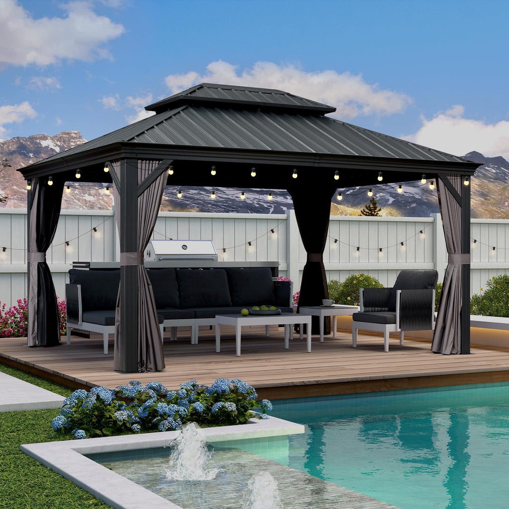 PURPLE LEAF Patio Gazebo for Backyard Grey Hardtop Galvanized Steel Roof Awning with String Lights-clear