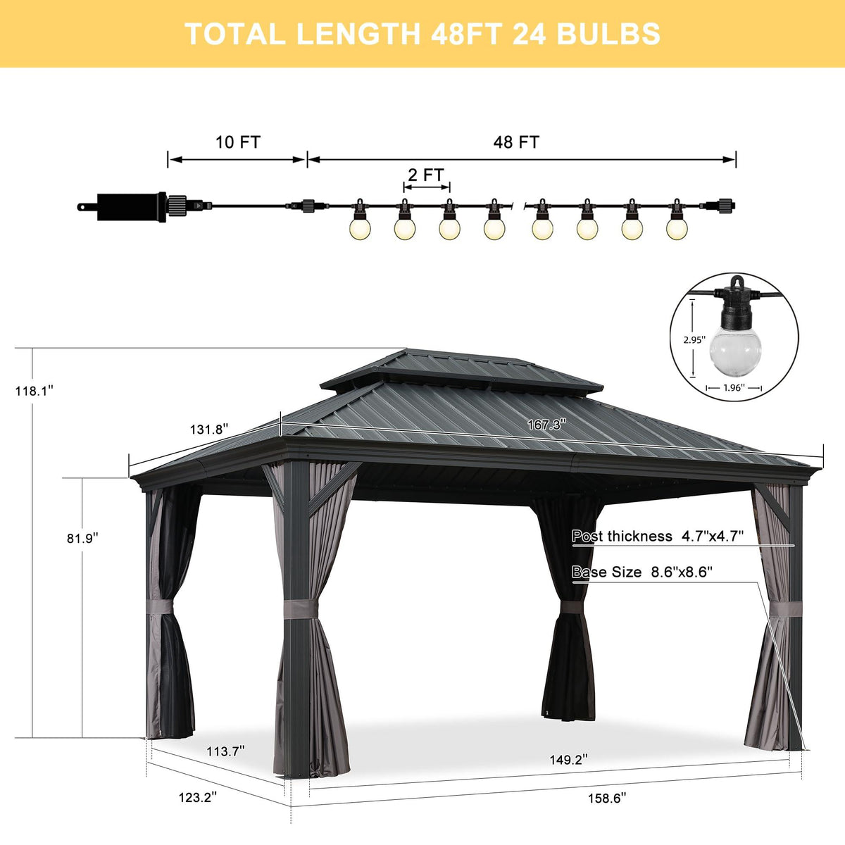 PURPLE LEAF Patio Gazebo for Backyard Grey Hardtop Galvanized Steel Roof Awning with String Lights-clear