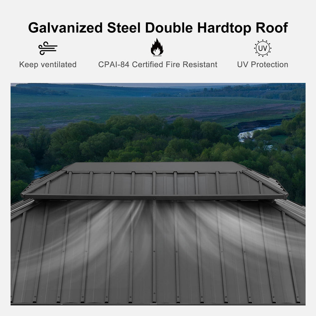 PURPLE LEAF Patio Gazebo for Backyard Grey Hardtop Galvanized Steel Roof Awning with String Lights-clear