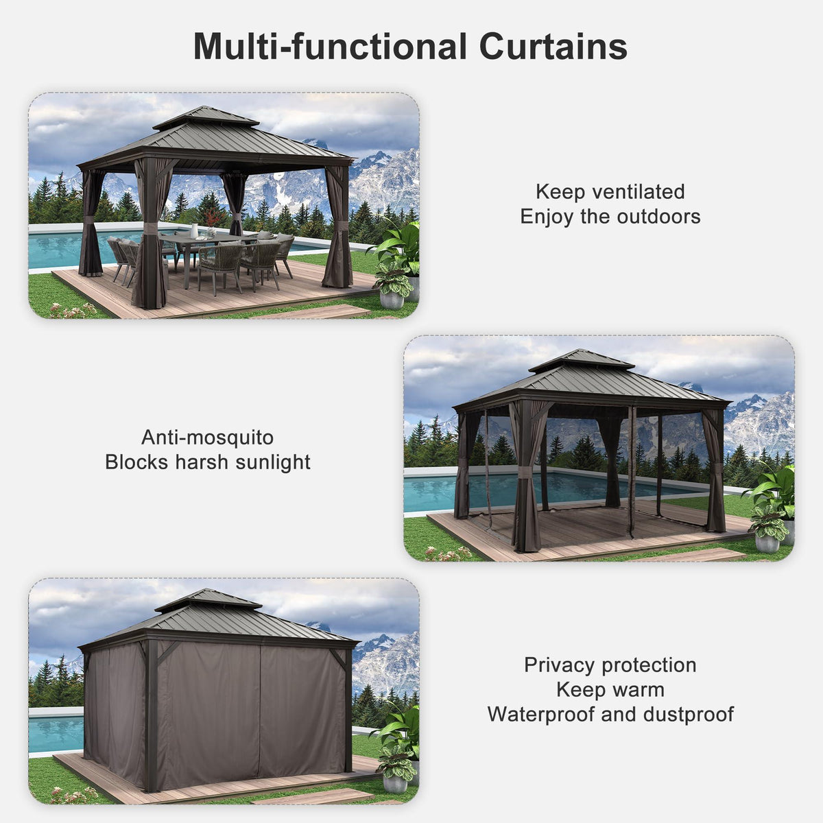 PURPLE LEAF Patio Gazebo for Backyard Grey Hardtop Galvanized Steel Roof Awning with String Lights-clear