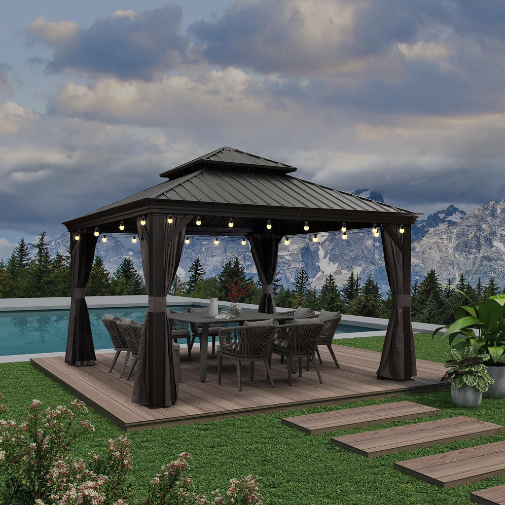 PURPLE LEAF Patio Gazebo for Backyard Grey Hardtop Galvanized Steel Roof Awning with String Lights-clear