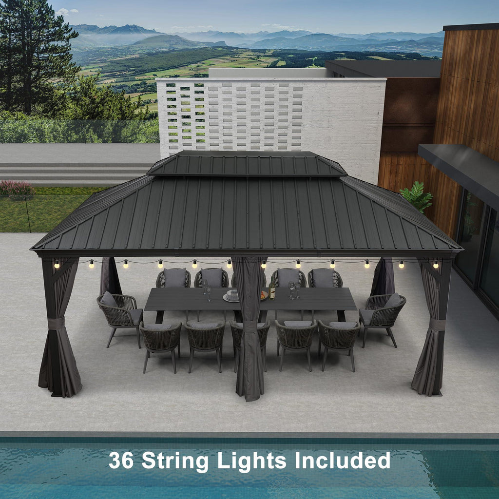 PURPLE LEAF Patio Gazebo for Backyard Grey Hardtop Galvanized Steel Roof Awning with String Lights-clear