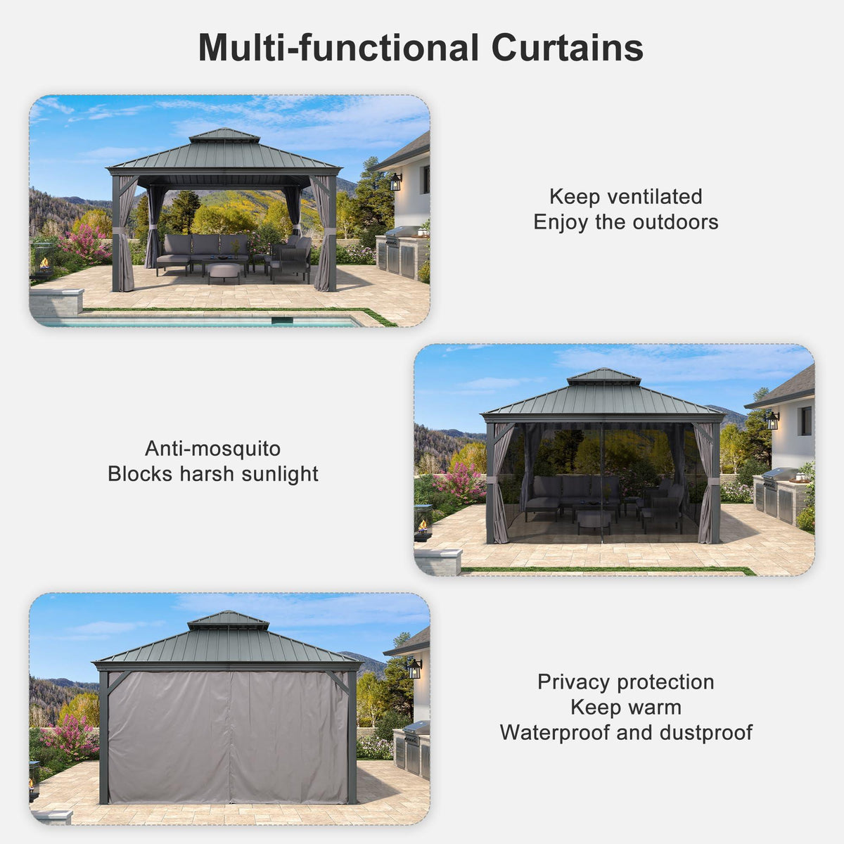 PURPLE LEAF Patio Gazebo for Backyard Grey Hardtop Galvanized Steel Roof Awning with String Lights-clear