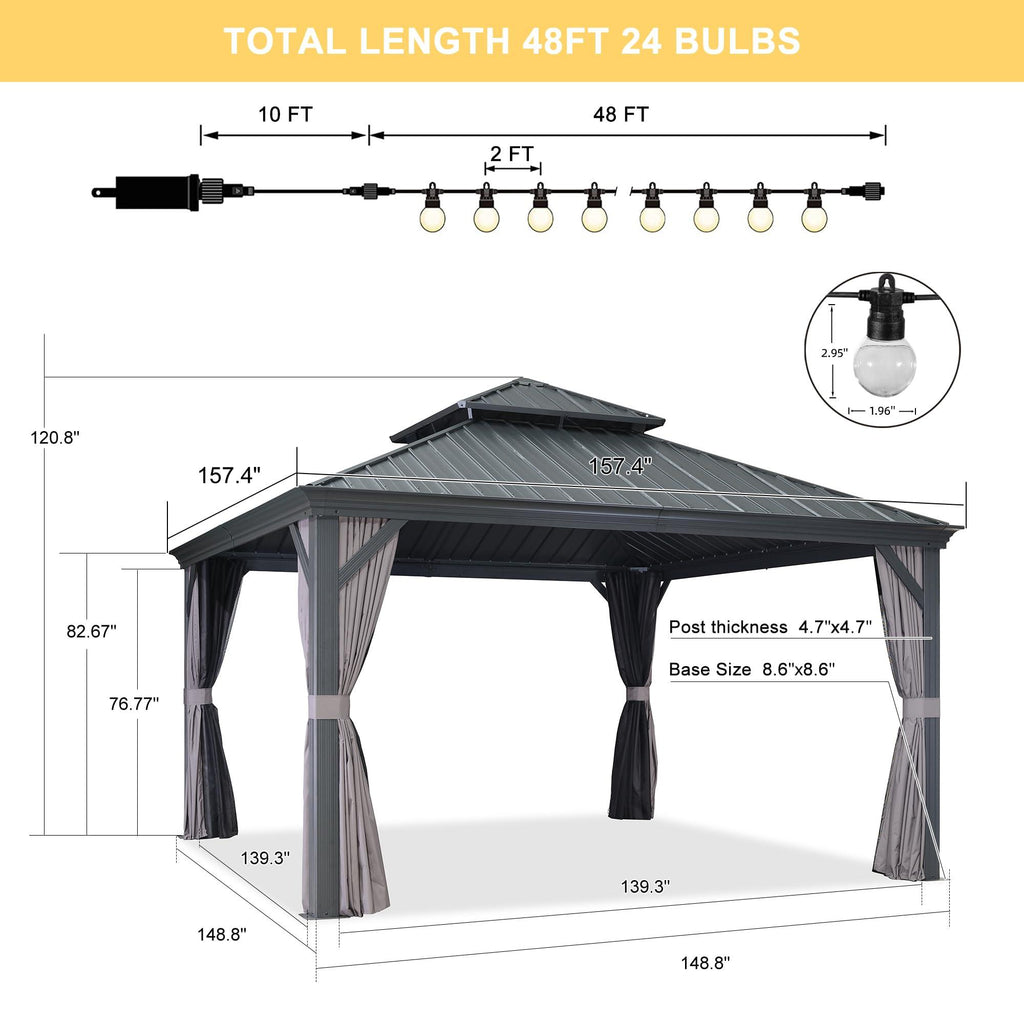PURPLE LEAF Patio Gazebo for Backyard Grey Hardtop Galvanized Steel Roof Awning with String Lights-clear