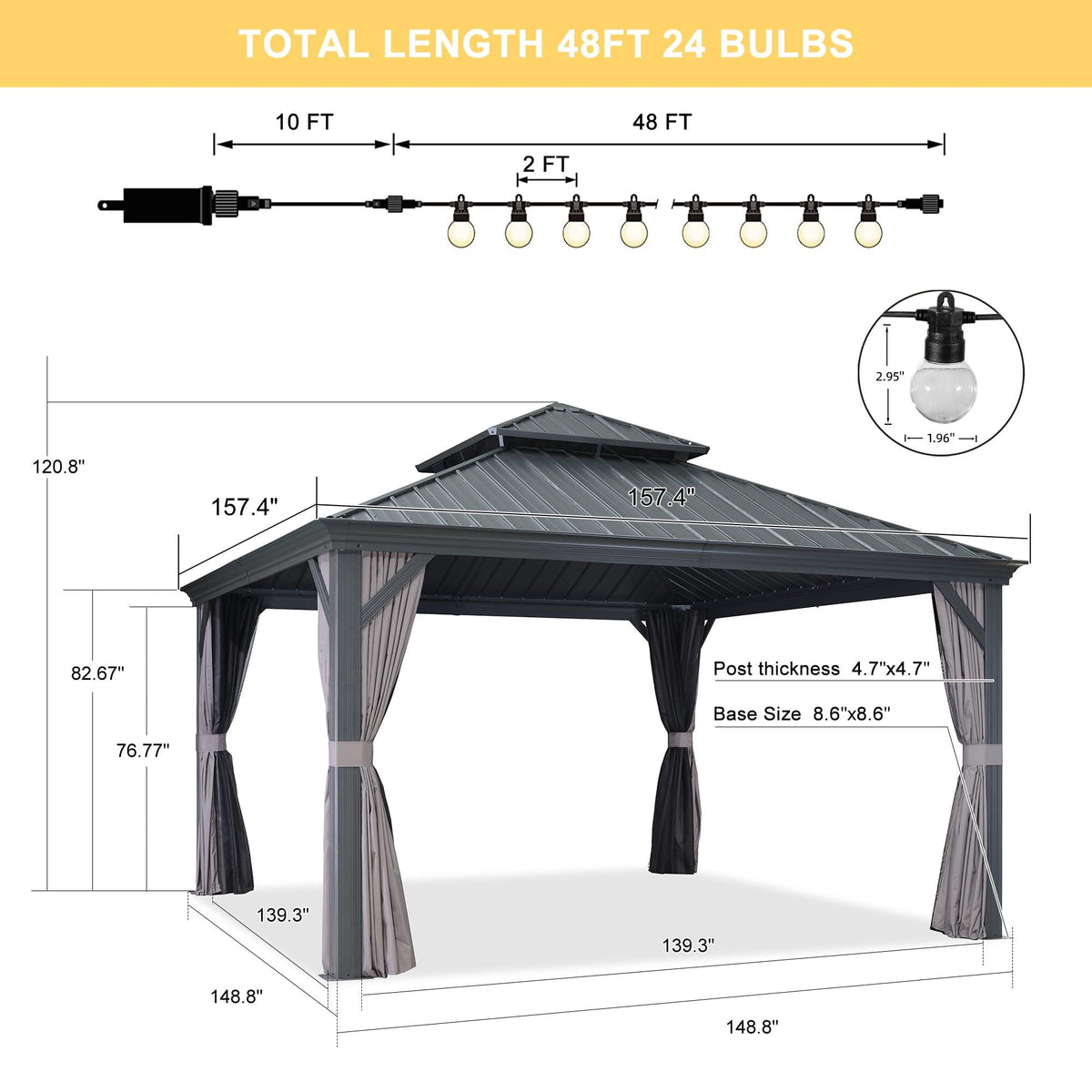 PURPLE LEAF Patio Gazebo for Backyard Grey Hardtop Galvanized Steel Roof Awning with String Lights-clear