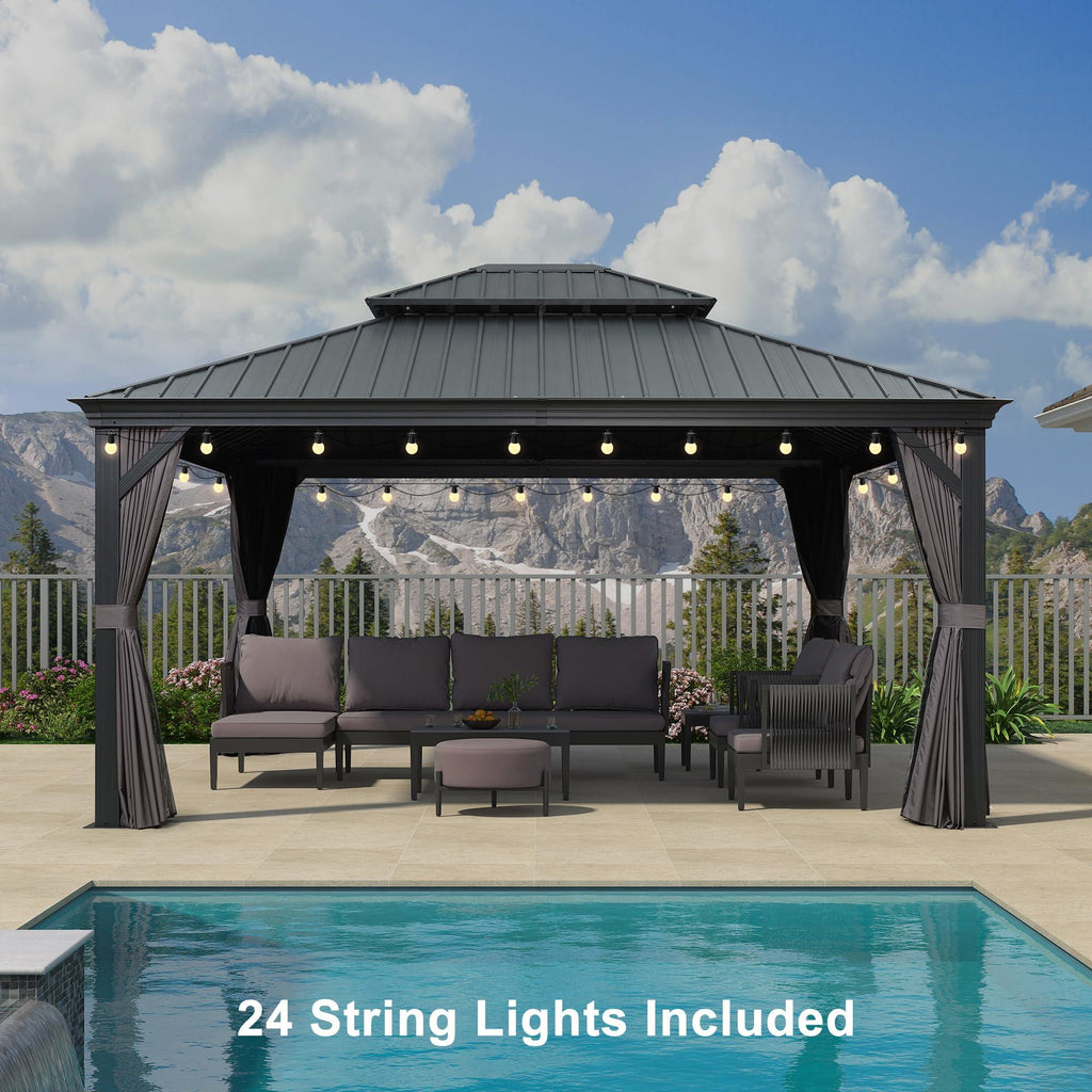 PURPLE LEAF Patio Gazebo for Backyard Grey Hardtop Galvanized Steel Roof Awning with String Lights-clear