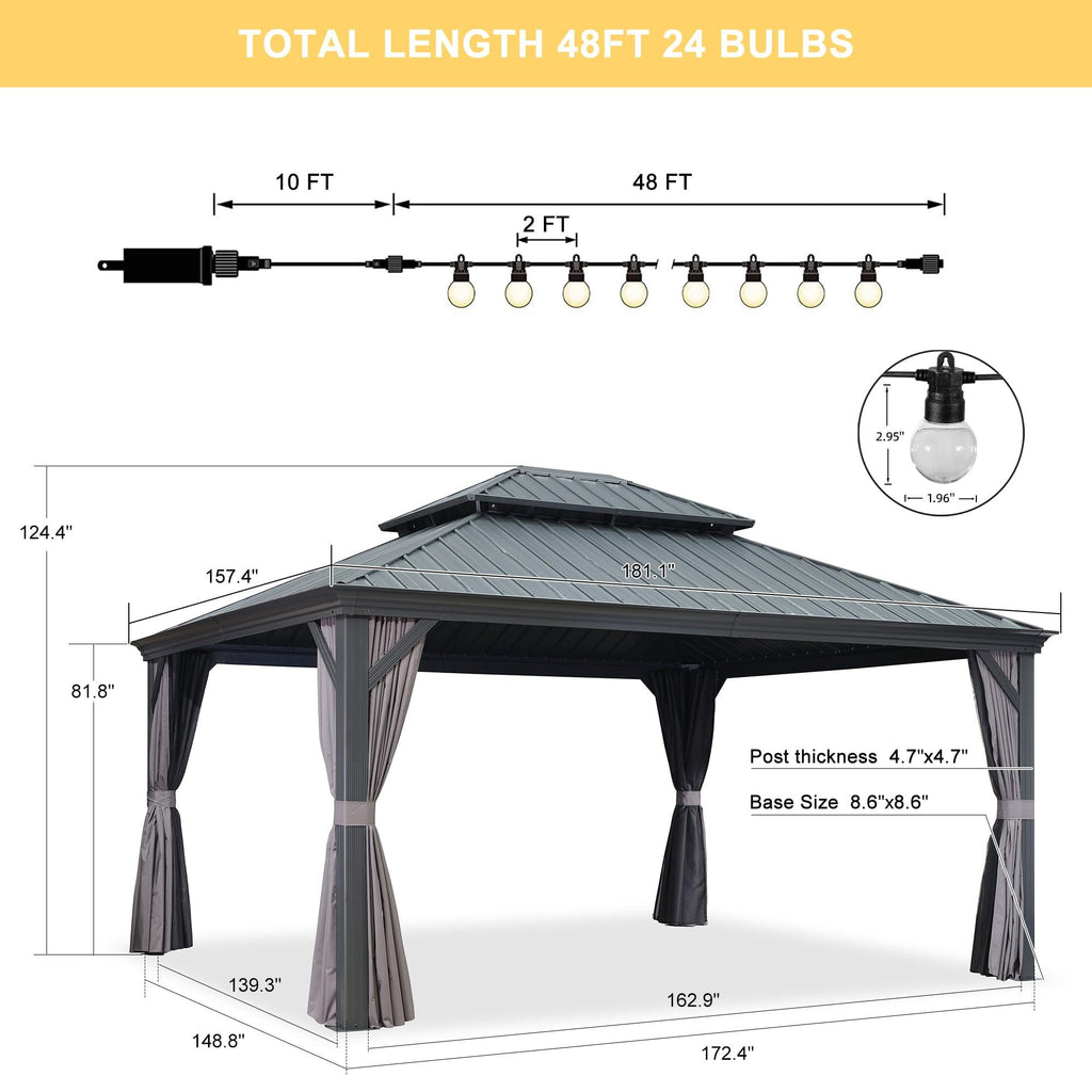 PURPLE LEAF Patio Gazebo for Backyard Grey Hardtop Galvanized Steel Roof Awning with String Lights-clear