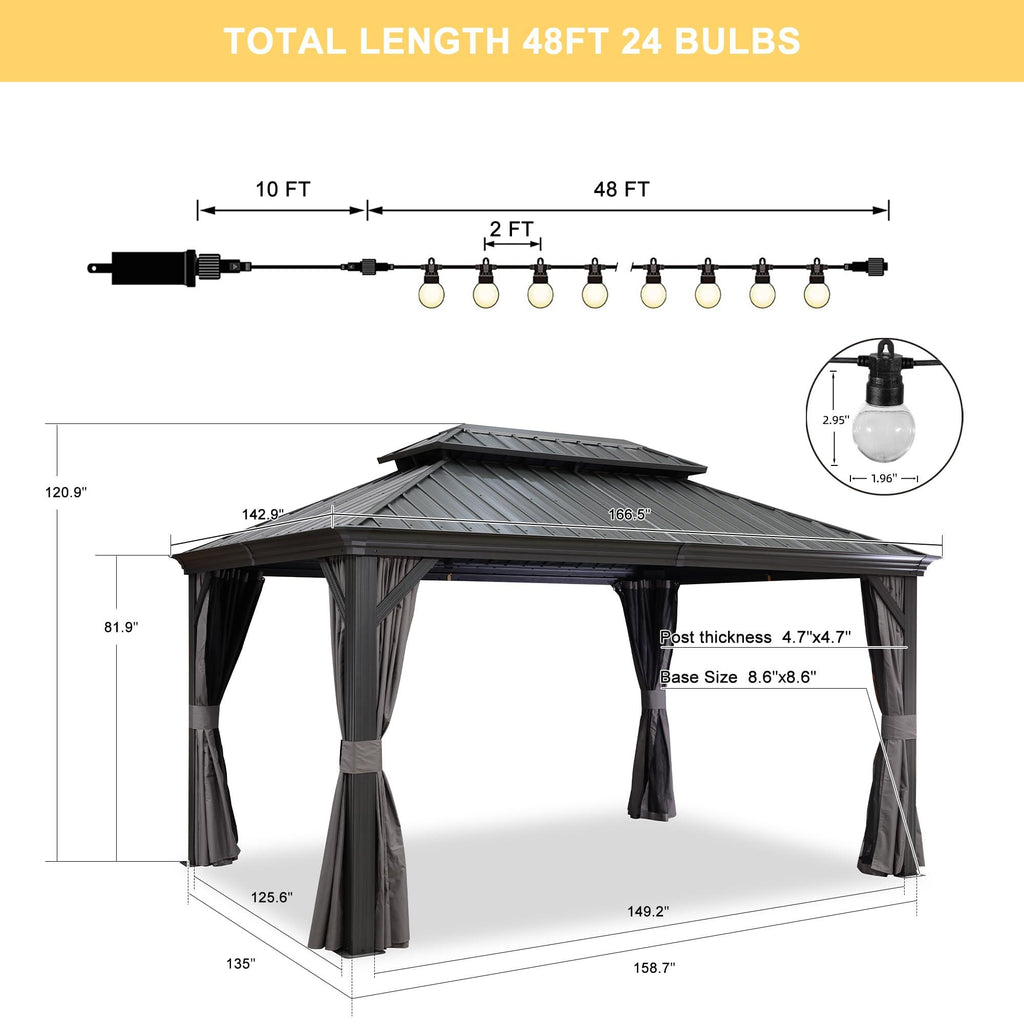 PURPLE LEAF Patio Gazebo for Backyard Grey Hardtop Galvanized Steel Roof Awning with String Lights-clear