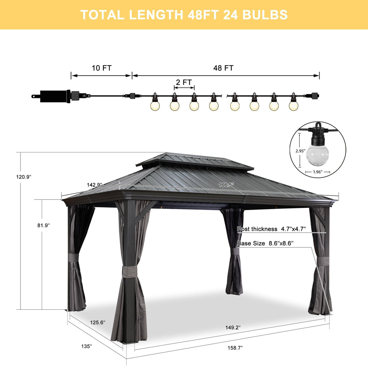 PURPLE LEAF Patio Gazebo for Backyard Grey Hardtop Galvanized Steel Roof Awning with String Lights-clear