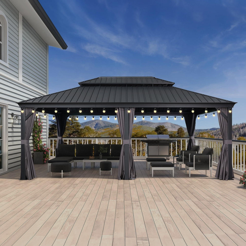 PURPLE LEAF Patio Gazebo for Backyard Grey Hardtop Galvanized Steel Roof Awning with String Lights-clear