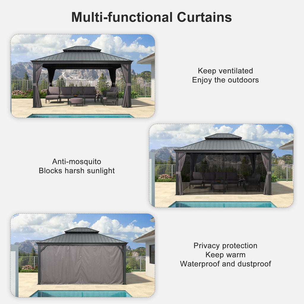 PURPLE LEAF Patio Gazebo for Backyard Grey Hardtop Galvanized Steel Roof Awning with String Lights-clear