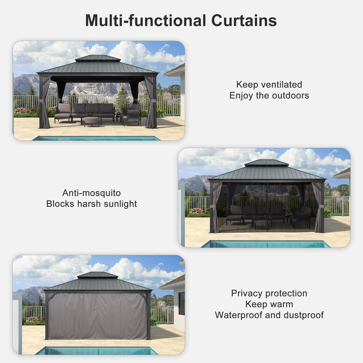 PURPLE LEAF Patio Gazebo for Backyard Grey Hardtop Galvanized Steel Roof Awning with String Lights-clear