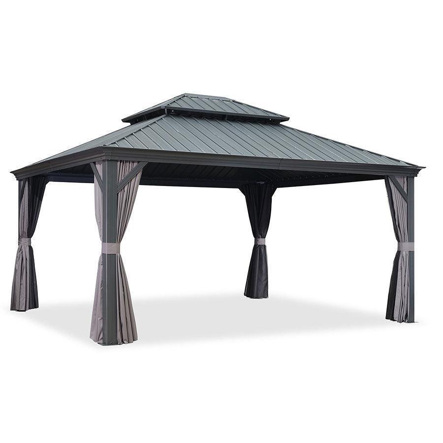 PURPLE LEAF Patio Gazebo for Backyard Grey Hardtop Galvanized Steel Roof Awning with Upgrade Curtain
