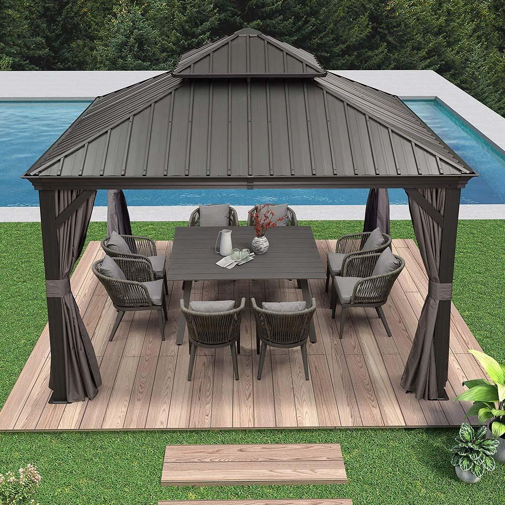 PURPLE LEAF Patio Gazebo for Backyard Grey Hardtop Galvanized Steel Roof Awning with Upgrade Curtain