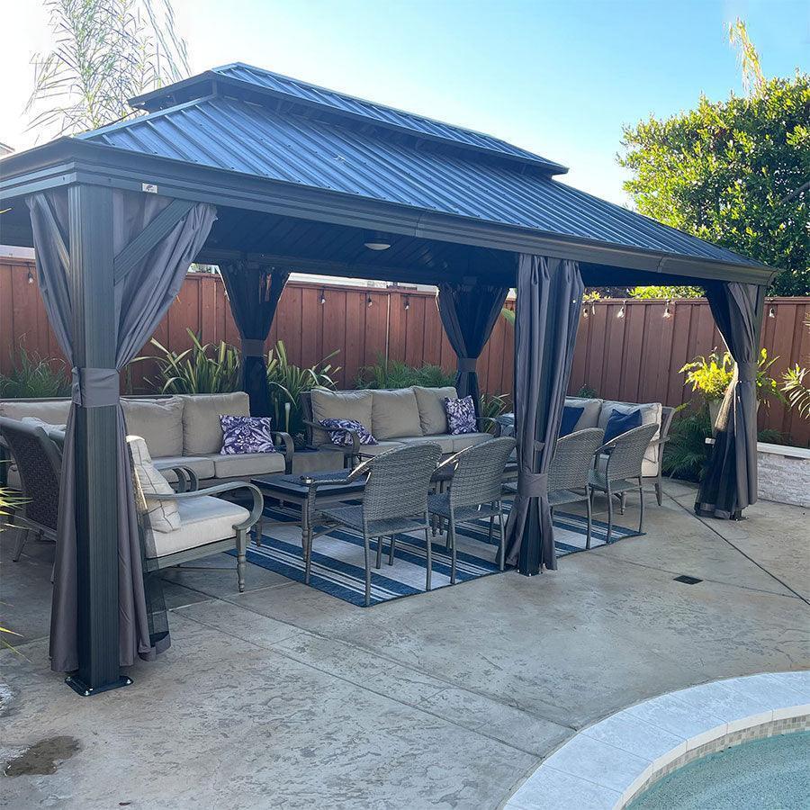 PURPLE LEAF Patio Gazebo for Backyard Grey Hardtop Galvanized Steel Roof Awning with Upgrade Curtain