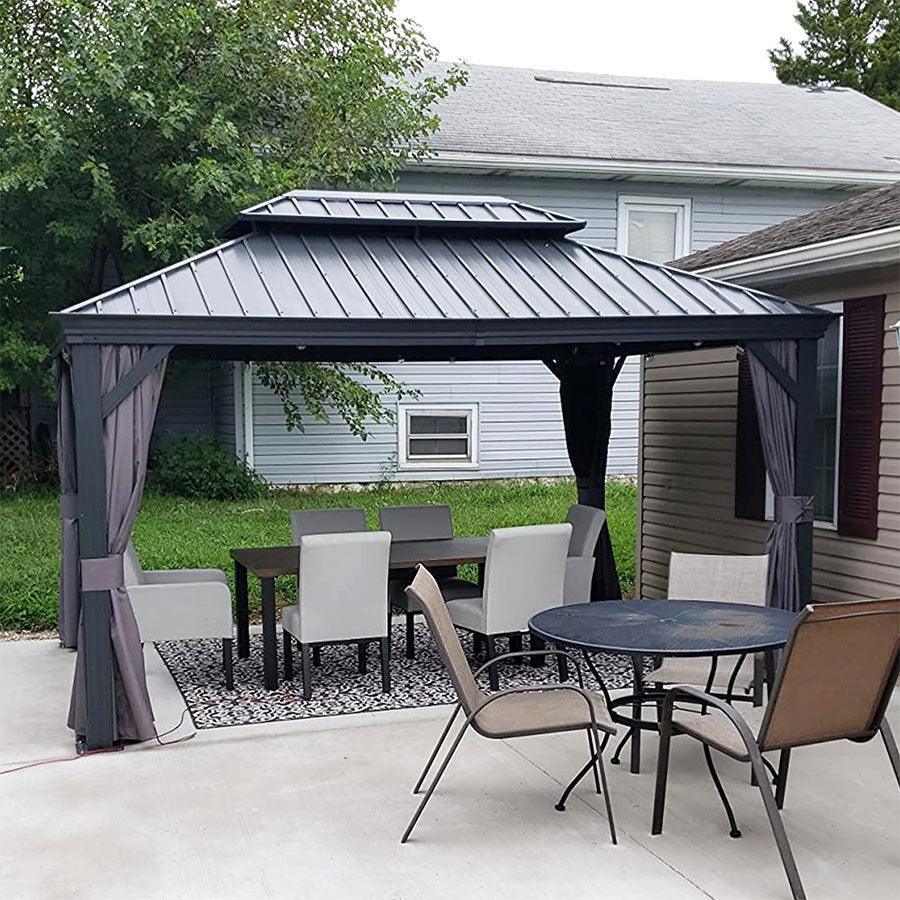 PURPLE LEAF Patio Gazebo for Backyard Grey Hardtop Galvanized Steel Roof Awning with Upgrade Curtain