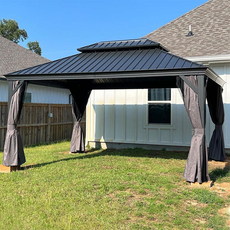 PURPLE LEAF Patio Gazebo for Backyard Grey Hardtop Galvanized Steel Roof Awning with Upgrade Curtain