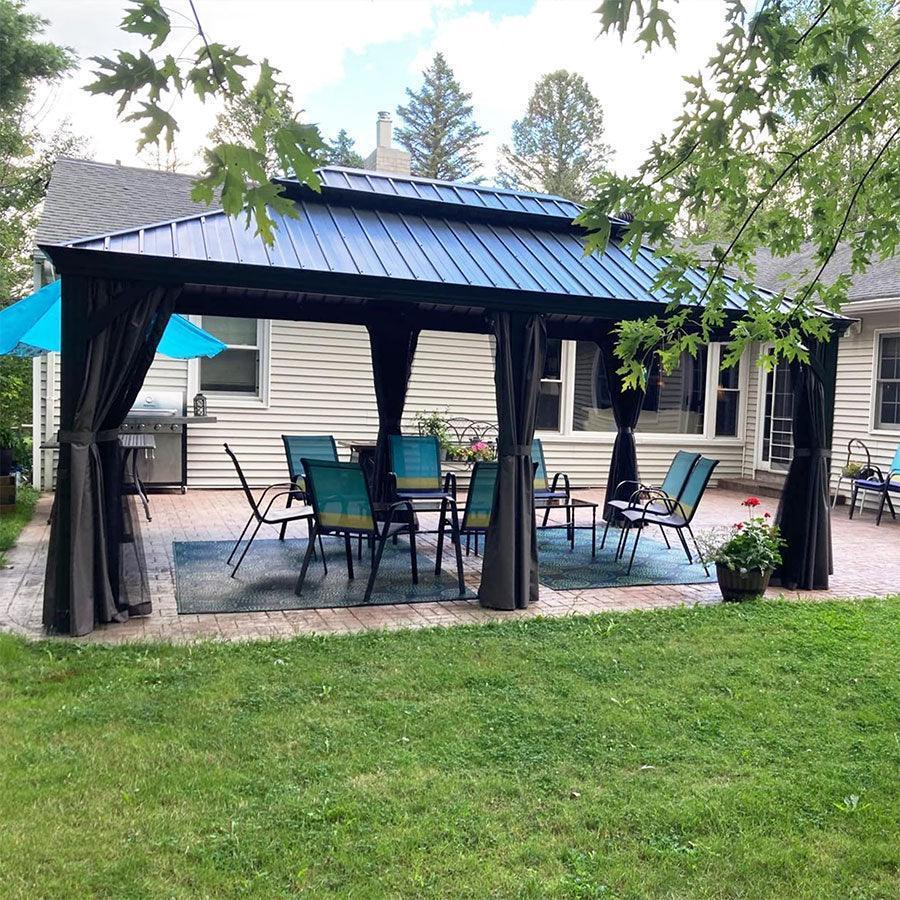 PURPLE LEAF Patio Gazebo for Backyard Grey Hardtop Galvanized Steel Roof Awning with Upgrade Curtain