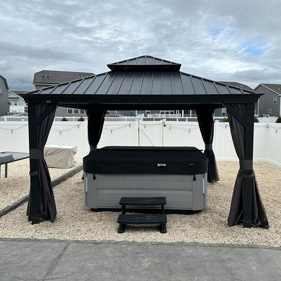 PURPLE LEAF Patio Gazebo for Backyard Grey Hardtop Galvanized Steel Roof Awning with Upgrade Curtain