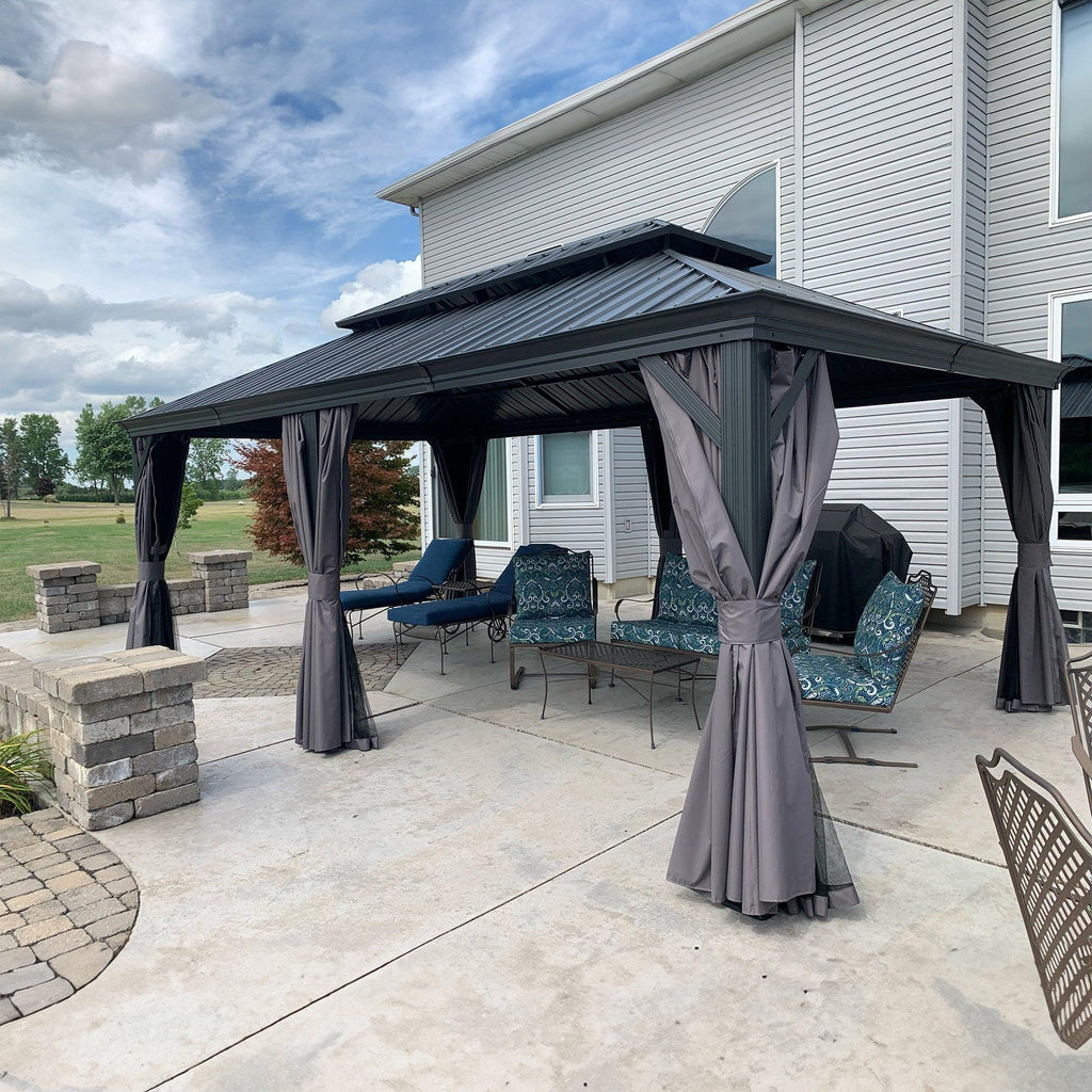 PURPLE LEAF Patio Gazebo for Backyard Grey Hardtop Galvanized Steel Roof Awning with Upgrade Curtain