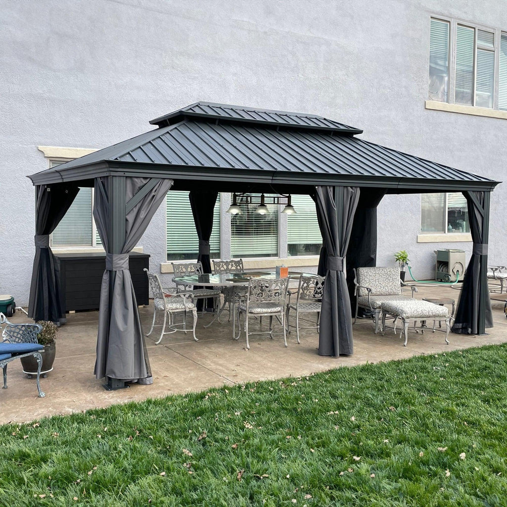 PURPLE LEAF Patio Gazebo for Backyard Grey Hardtop Galvanized Steel Roof Awning with Upgrade Curtain