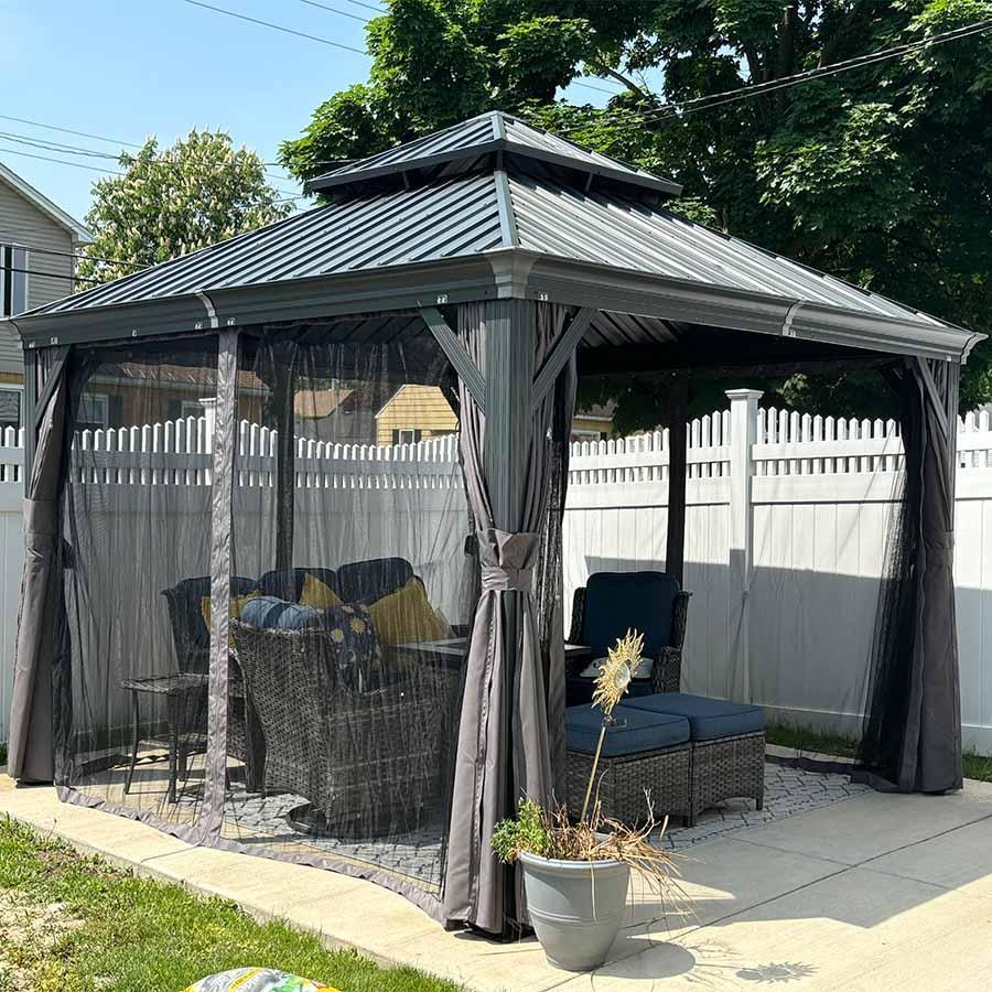 PURPLE LEAF Patio Gazebo for Backyard Grey Hardtop Galvanized Steel Roof Awning with Upgrade Curtain