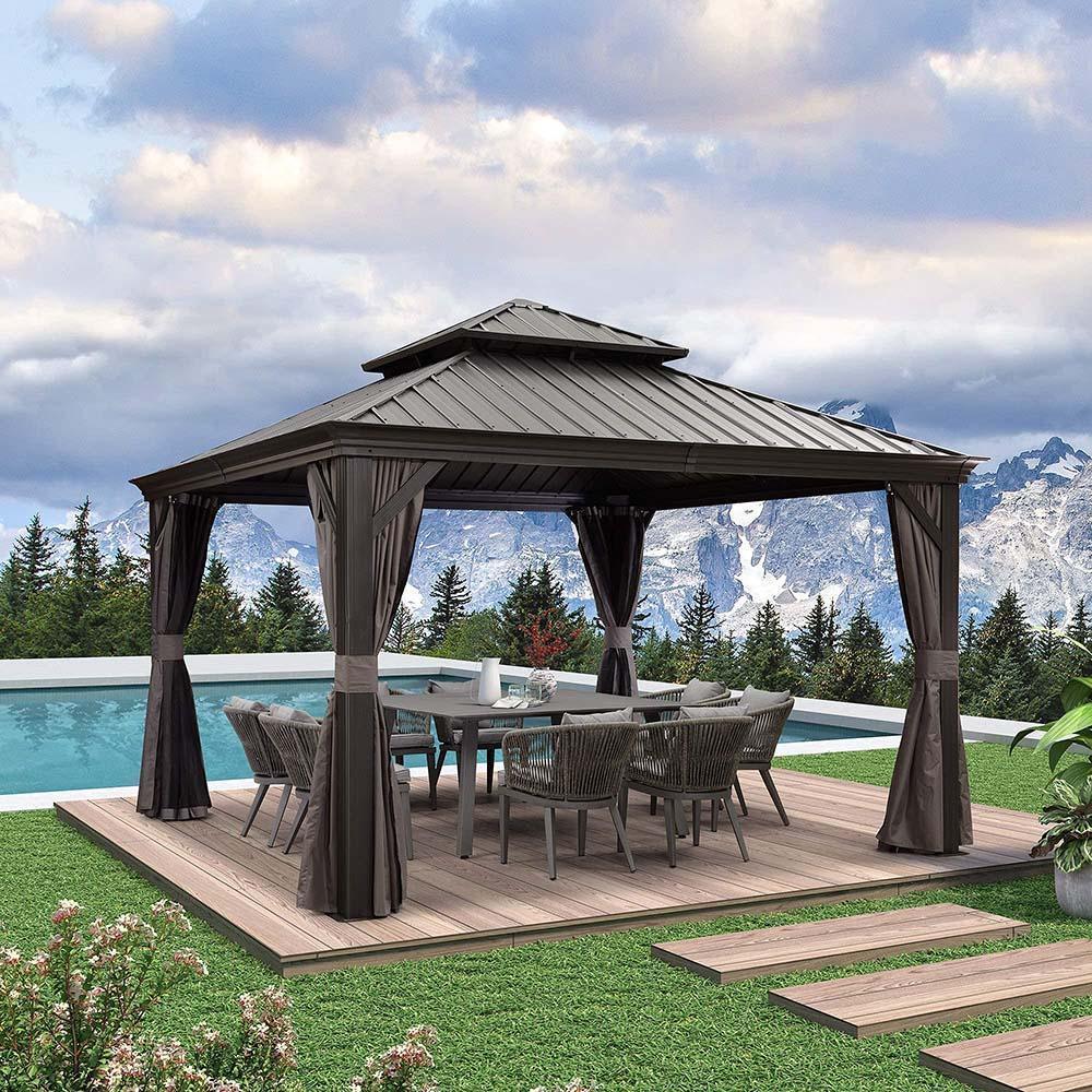PURPLE LEAF Patio Gazebo for Backyard Grey Hardtop Galvanized Steel Roof Awning with Upgrade Curtain