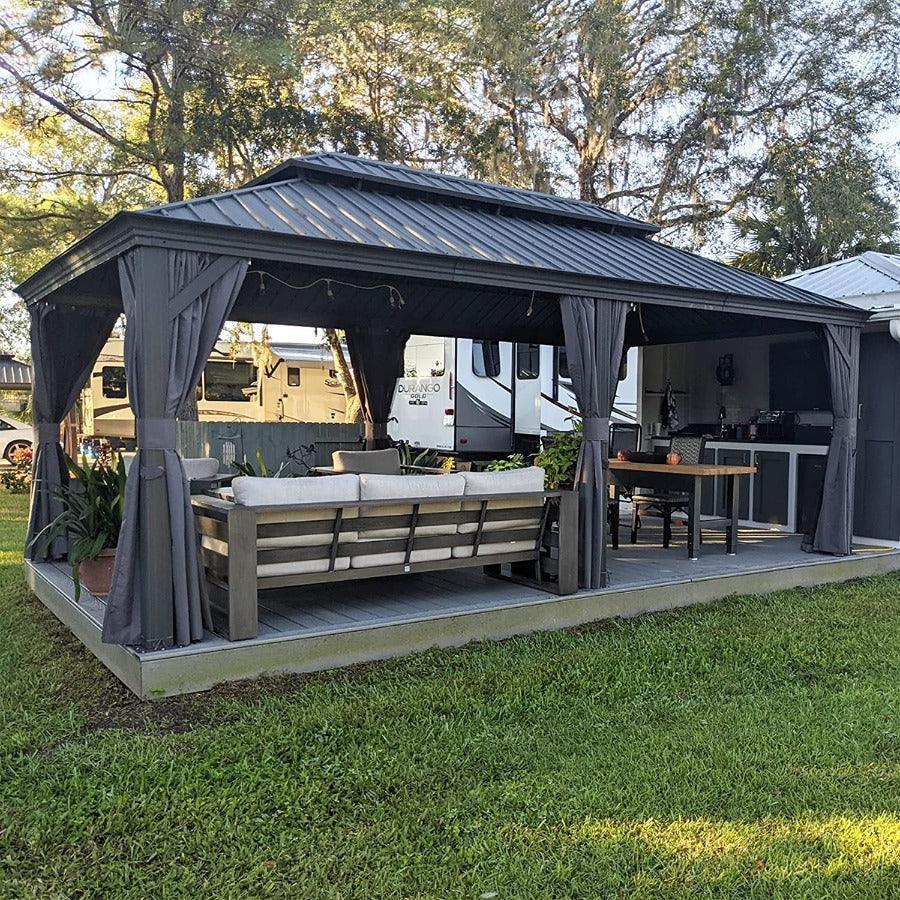PURPLE LEAF Patio Gazebo for Backyard Grey Hardtop Galvanized Steel Roof Awning with Upgrade Curtain