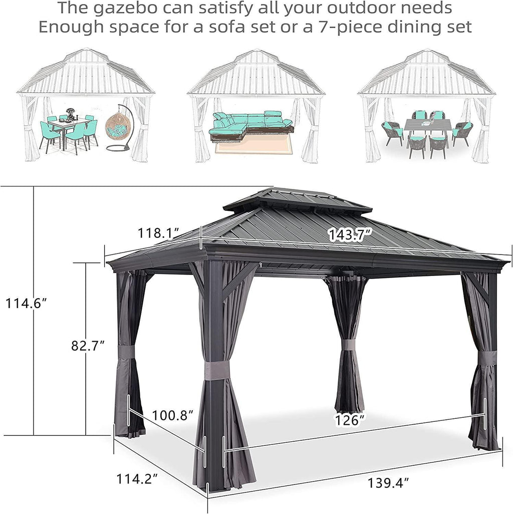 PURPLE LEAF Patio Gazebo for Backyard Grey Hardtop Galvanized Steel Roof Awning with Upgrade Curtain