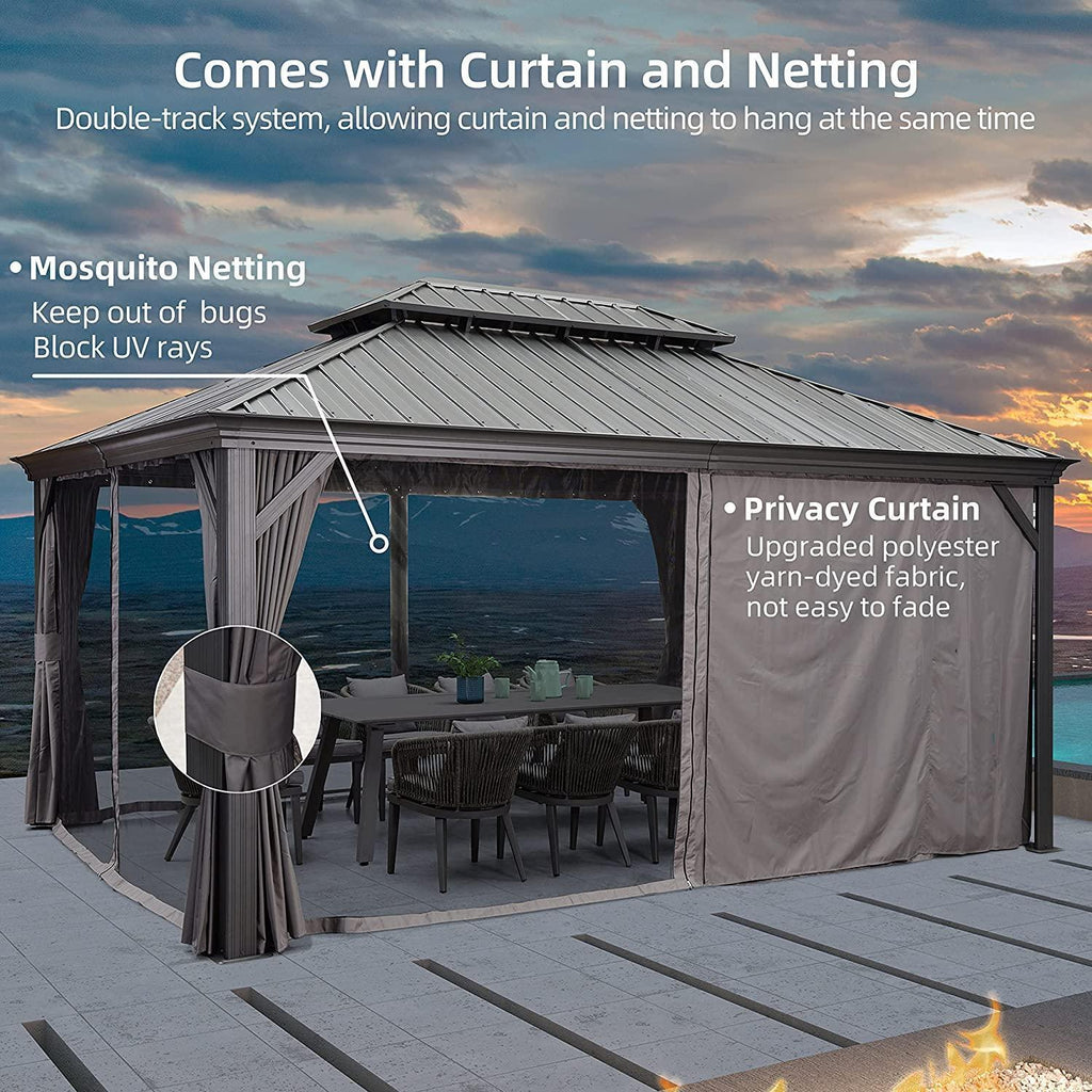 PURPLE LEAF Patio Gazebo for Backyard Grey Hardtop Galvanized Steel Roof Awning with Upgrade Curtain