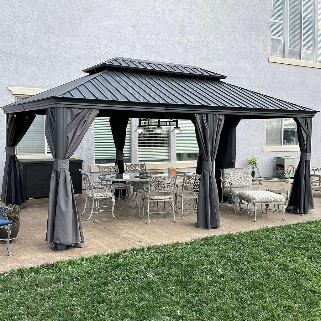 PURPLE LEAF Patio Gazebo for Backyard Grey Hardtop Galvanized Steel Roof Awning with Upgrade Curtain